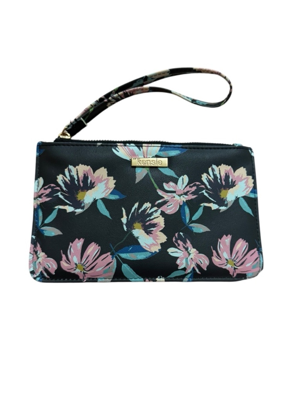 kensie Black Floral Wristlet